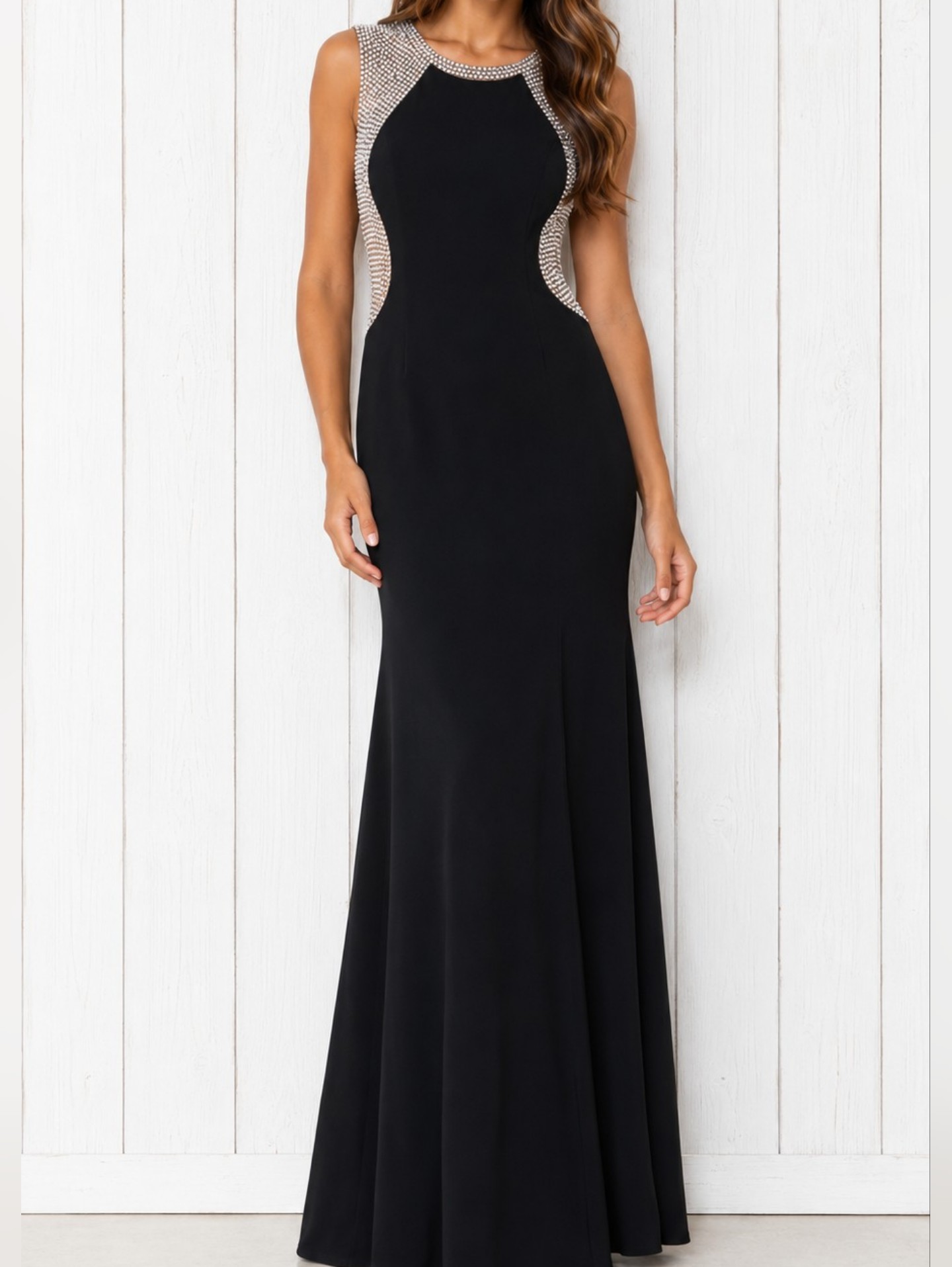 Xscape Sleeveless Black Evening Gown With Beaded Side Panels Size 4